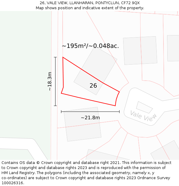 26, VALE VIEW, LLANHARAN, PONTYCLUN, CF72 9QX: Plot and title map