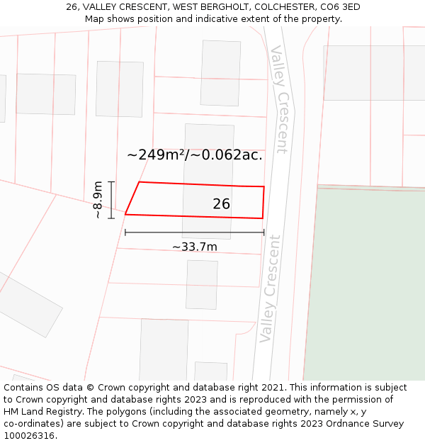 26, VALLEY CRESCENT, WEST BERGHOLT, COLCHESTER, CO6 3ED: Plot and title map