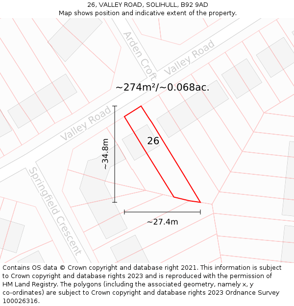 26, VALLEY ROAD, SOLIHULL, B92 9AD: Plot and title map