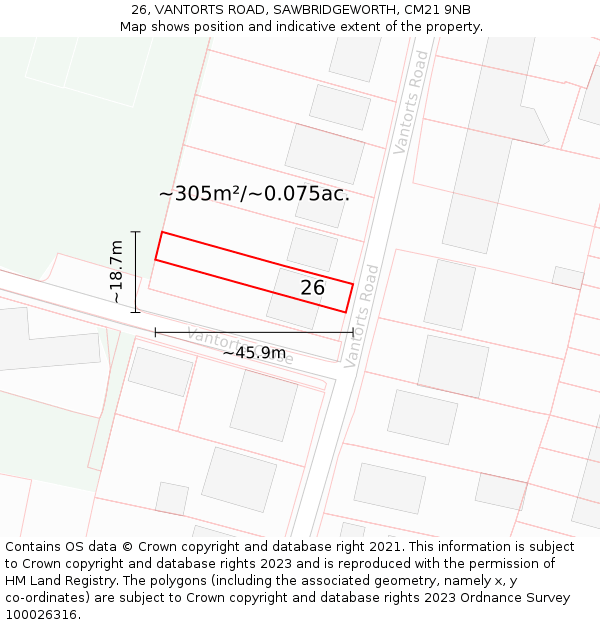 26, VANTORTS ROAD, SAWBRIDGEWORTH, CM21 9NB: Plot and title map