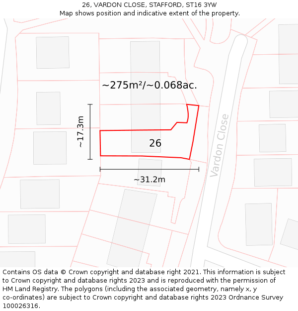 26, VARDON CLOSE, STAFFORD, ST16 3YW: Plot and title map