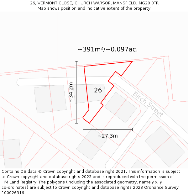 26, VERMONT CLOSE, CHURCH WARSOP, MANSFIELD, NG20 0TR: Plot and title map
