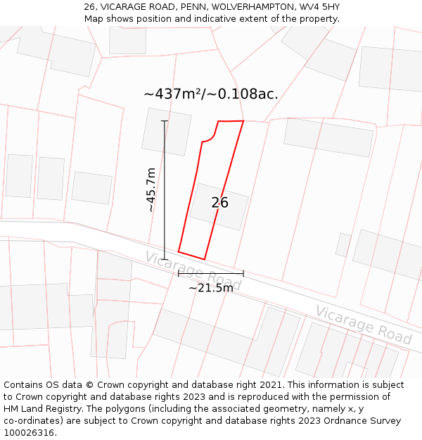 26, VICARAGE ROAD, PENN, WOLVERHAMPTON, WV4 5HY: Plot and title map