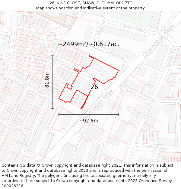 26, VINE CLOSE, SHAW, OLDHAM, OL2 7TG: Plot and title map