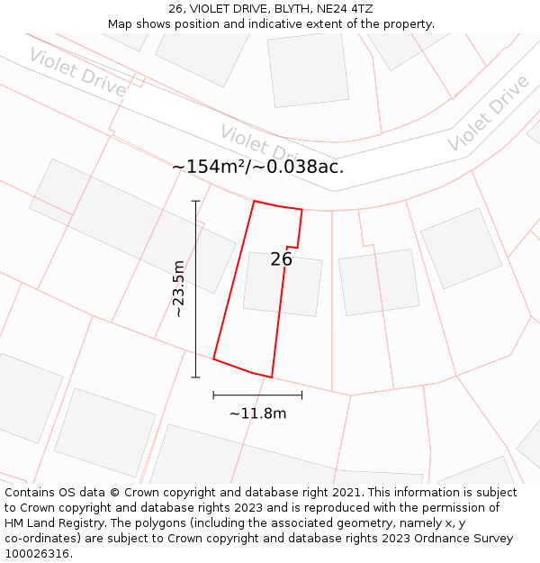26, VIOLET DRIVE, BLYTH, NE24 4TZ: Plot and title map