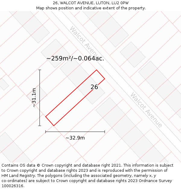 26, WALCOT AVENUE, LUTON, LU2 0PW: Plot and title map