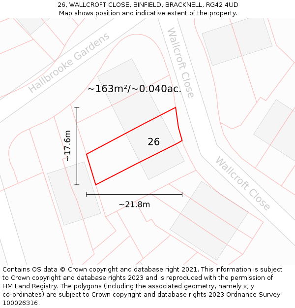 26, WALLCROFT CLOSE, BINFIELD, BRACKNELL, RG42 4UD: Plot and title map