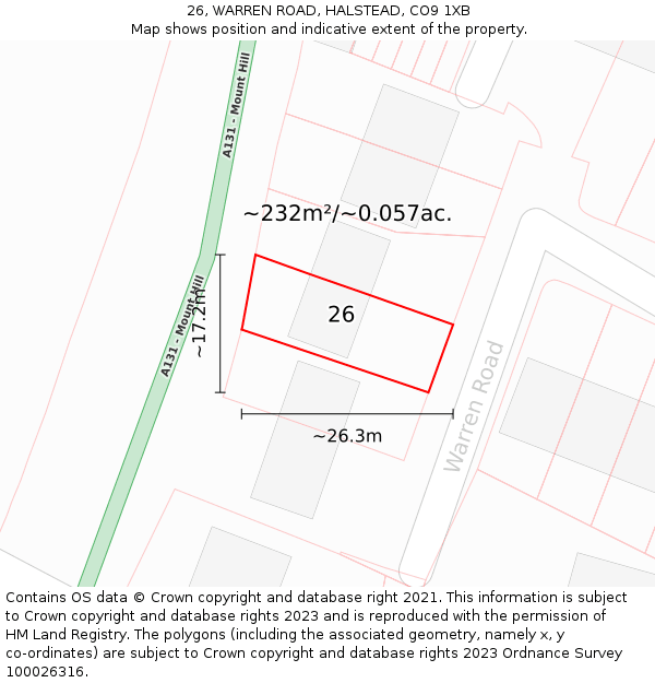 26, WARREN ROAD, HALSTEAD, CO9 1XB: Plot and title map