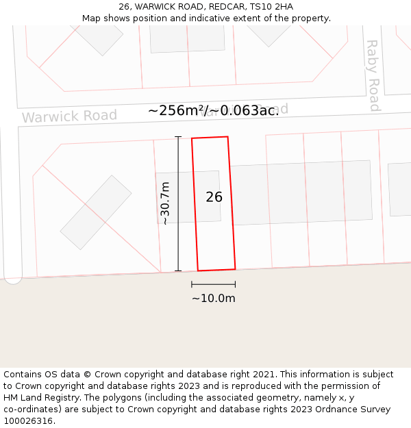 26, WARWICK ROAD, REDCAR, TS10 2HA: Plot and title map