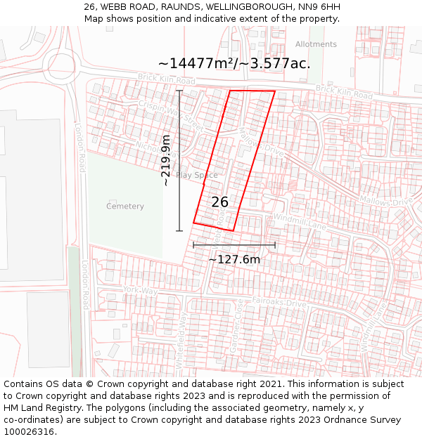 26, WEBB ROAD, RAUNDS, WELLINGBOROUGH, NN9 6HH: Plot and title map