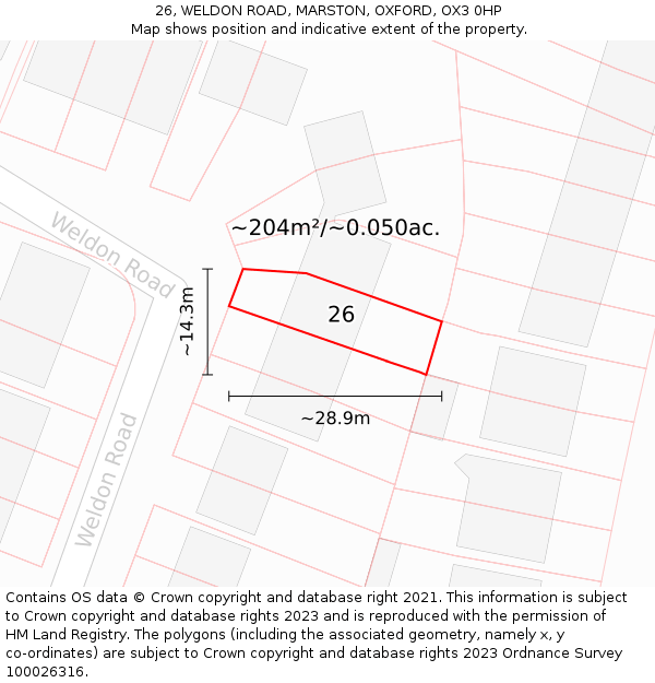 26, WELDON ROAD, MARSTON, OXFORD, OX3 0HP: Plot and title map