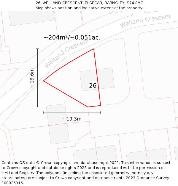26, WELLAND CRESCENT, ELSECAR, BARNSLEY, S74 8AG: Plot and title map