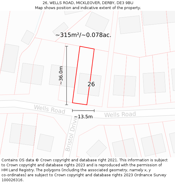26, WELLS ROAD, MICKLEOVER, DERBY, DE3 9BU: Plot and title map