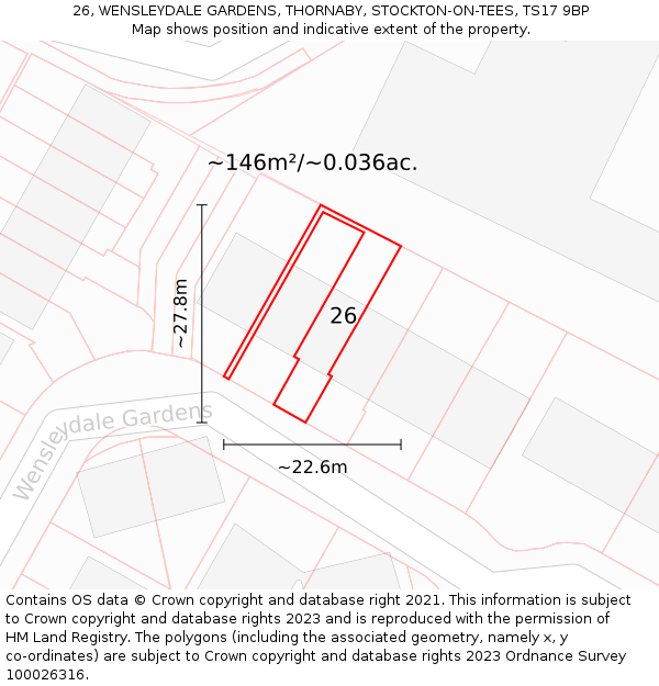 26, WENSLEYDALE GARDENS, THORNABY, STOCKTON-ON-TEES, TS17 9BP: Plot and title map