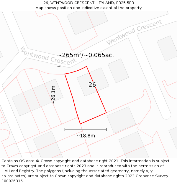 26, WENTWOOD CRESCENT, LEYLAND, PR25 5PR: Plot and title map