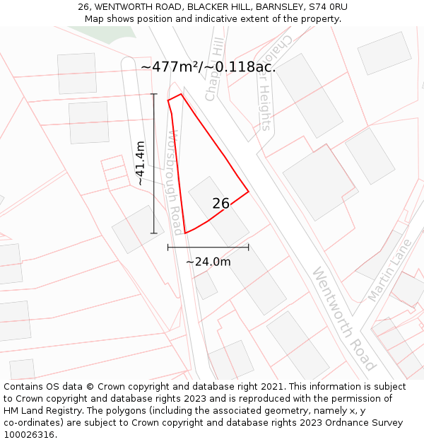26, WENTWORTH ROAD, BLACKER HILL, BARNSLEY, S74 0RU: Plot and title map