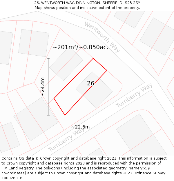 26, WENTWORTH WAY, DINNINGTON, SHEFFIELD, S25 2SY: Plot and title map