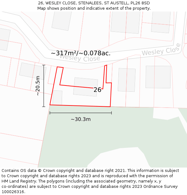 26, WESLEY CLOSE, STENALEES, ST AUSTELL, PL26 8SD: Plot and title map