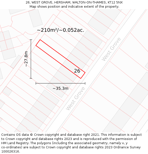 26, WEST GROVE, HERSHAM, WALTON-ON-THAMES, KT12 5NX: Plot and title map