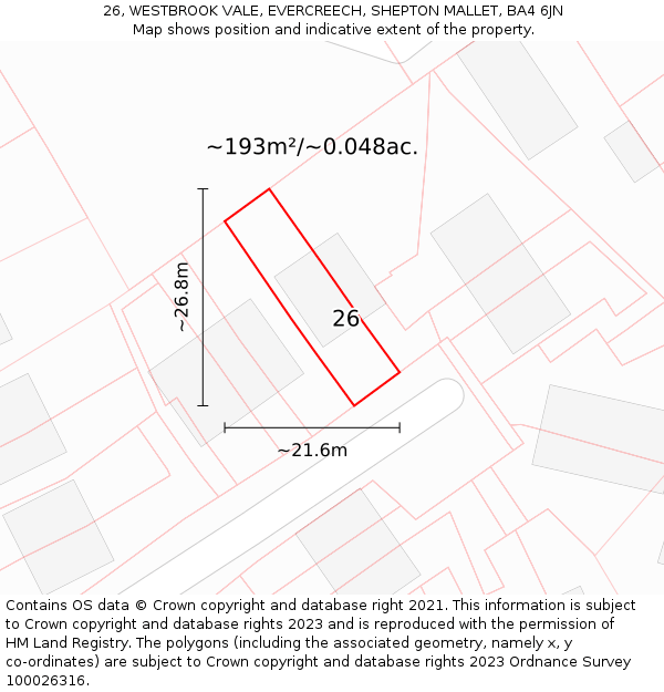 26, WESTBROOK VALE, EVERCREECH, SHEPTON MALLET, BA4 6JN: Plot and title map