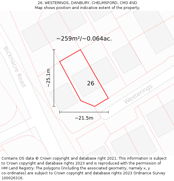26, WESTERINGS, DANBURY, CHELMSFORD, CM3 4ND: Plot and title map