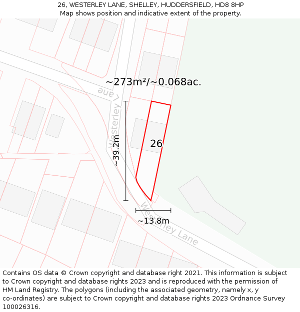 26, WESTERLEY LANE, SHELLEY, HUDDERSFIELD, HD8 8HP: Plot and title map
