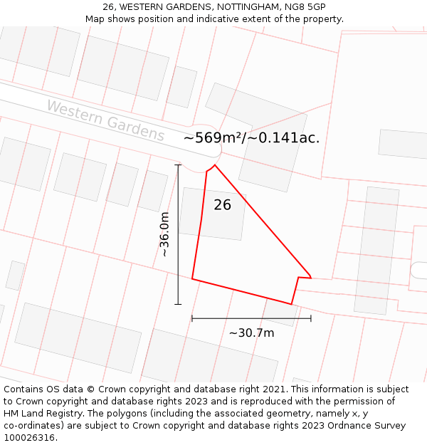 26, WESTERN GARDENS, NOTTINGHAM, NG8 5GP: Plot and title map