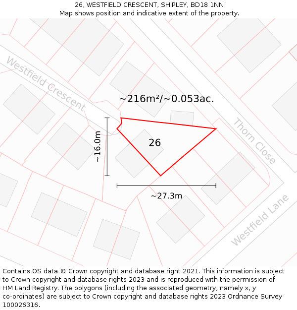 26, WESTFIELD CRESCENT, SHIPLEY, BD18 1NN: Plot and title map