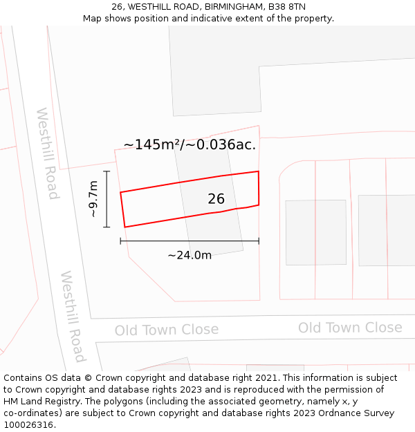 26, WESTHILL ROAD, BIRMINGHAM, B38 8TN: Plot and title map