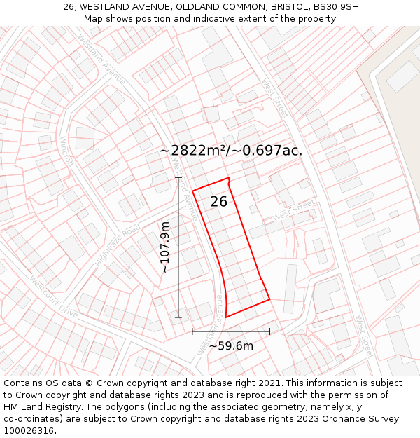 26, WESTLAND AVENUE, OLDLAND COMMON, BRISTOL, BS30 9SH: Plot and title map