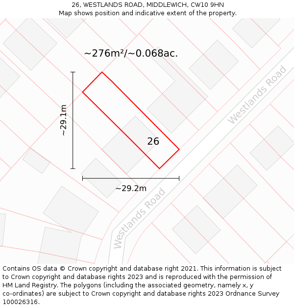26, WESTLANDS ROAD, MIDDLEWICH, CW10 9HN: Plot and title map