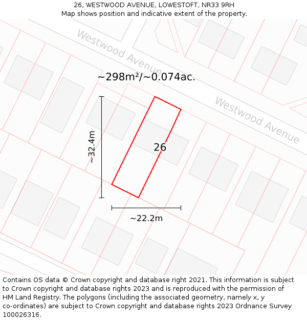 26, WESTWOOD AVENUE, LOWESTOFT, NR33 9RH: Plot and title map