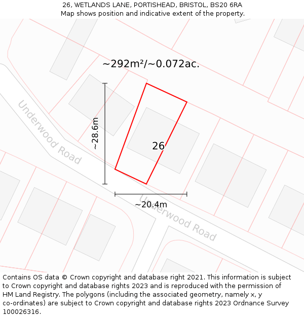 26, WETLANDS LANE, PORTISHEAD, BRISTOL, BS20 6RA: Plot and title map