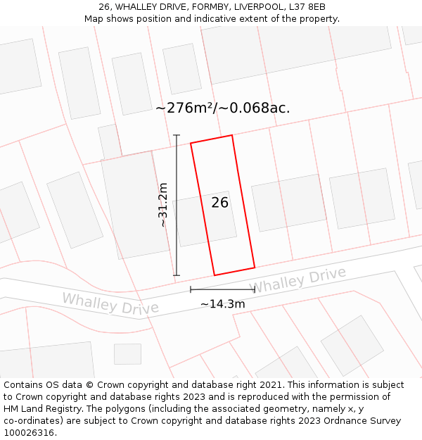 26, WHALLEY DRIVE, FORMBY, LIVERPOOL, L37 8EB: Plot and title map