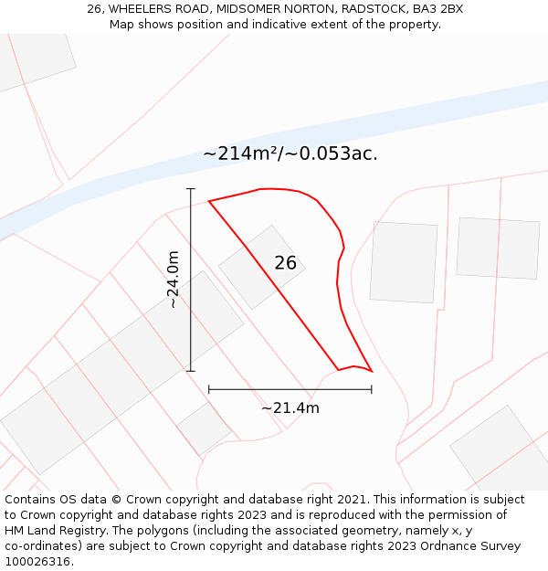 26, WHEELERS ROAD, MIDSOMER NORTON, RADSTOCK, BA3 2BX: Plot and title map