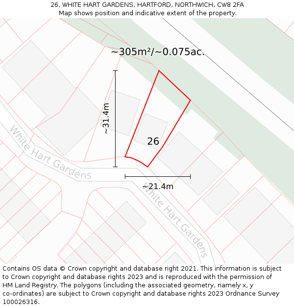 26, WHITE HART GARDENS, HARTFORD, NORTHWICH, CW8 2FA: Plot and title map