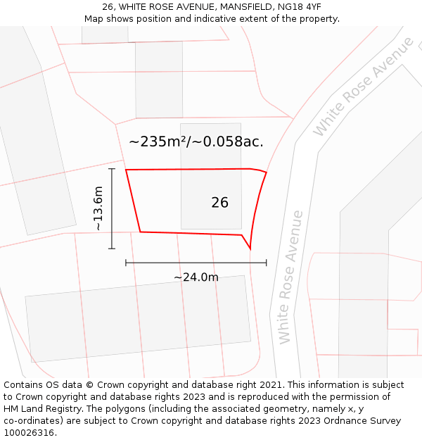 26, WHITE ROSE AVENUE, MANSFIELD, NG18 4YF: Plot and title map