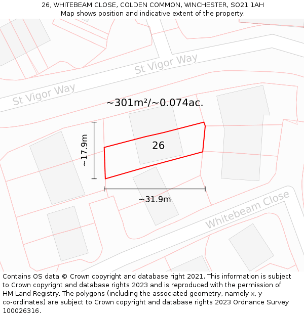 26, WHITEBEAM CLOSE, COLDEN COMMON, WINCHESTER, SO21 1AH: Plot and title map