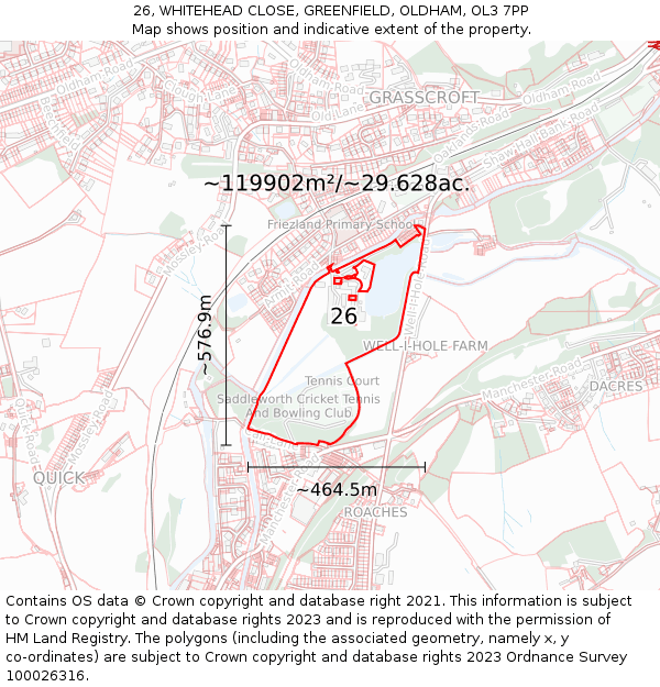 26, WHITEHEAD CLOSE, GREENFIELD, OLDHAM, OL3 7PP: Plot and title map
