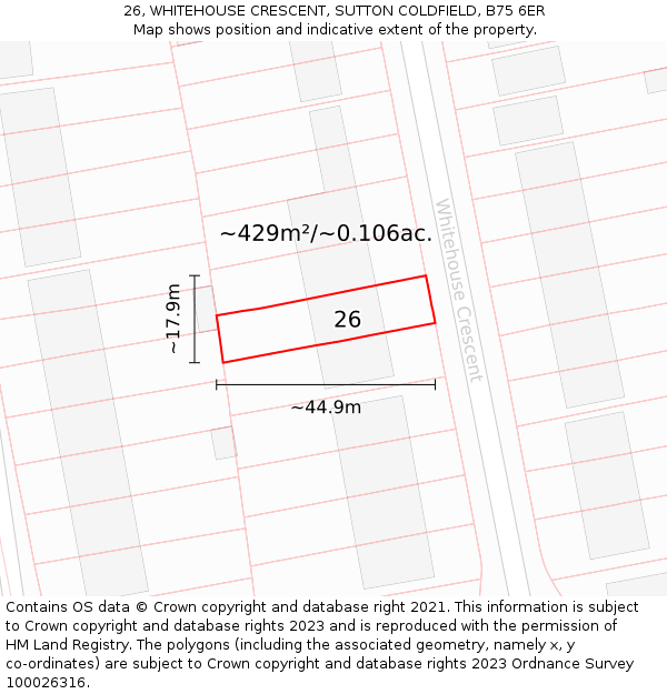 26, WHITEHOUSE CRESCENT, SUTTON COLDFIELD, B75 6ER: Plot and title map