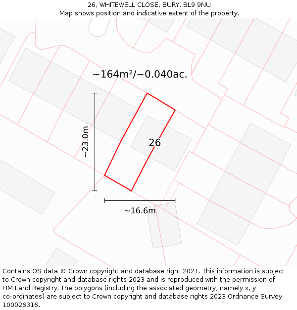 26, WHITEWELL CLOSE, BURY, BL9 9NU: Plot and title map