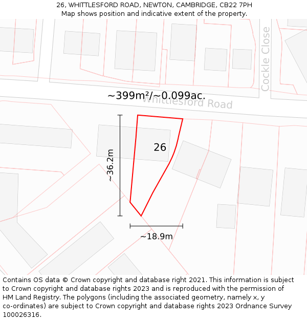 26, WHITTLESFORD ROAD, NEWTON, CAMBRIDGE, CB22 7PH: Plot and title map