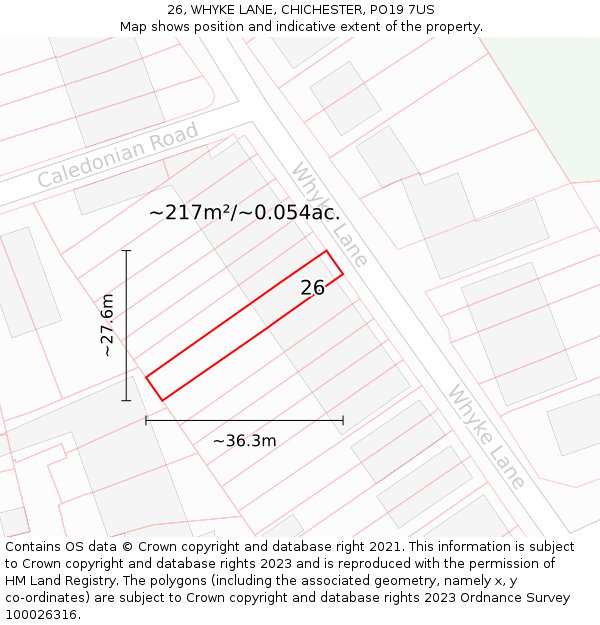 26, WHYKE LANE, CHICHESTER, PO19 7US: Plot and title map