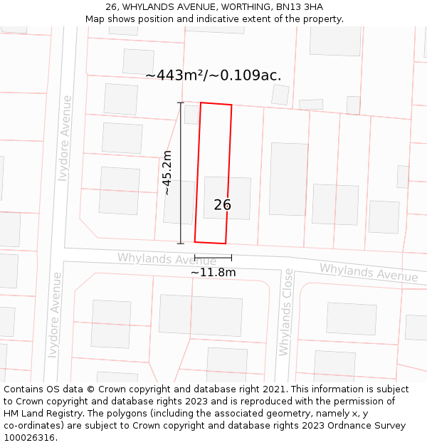 26, WHYLANDS AVENUE, WORTHING, BN13 3HA: Plot and title map