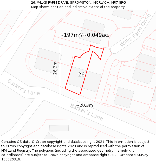 26, WILKS FARM DRIVE, SPROWSTON, NORWICH, NR7 8RG: Plot and title map