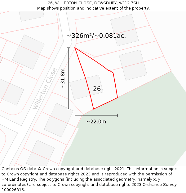26, WILLERTON CLOSE, DEWSBURY, WF12 7SH: Plot and title map