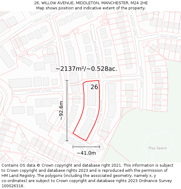 26, WILLOW AVENUE, MIDDLETON, MANCHESTER, M24 2HE: Plot and title map