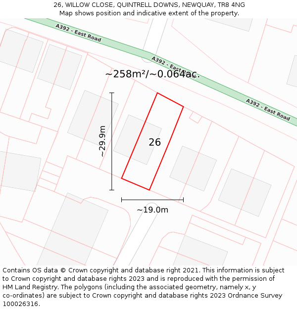 26, WILLOW CLOSE, QUINTRELL DOWNS, NEWQUAY, TR8 4NG: Plot and title map