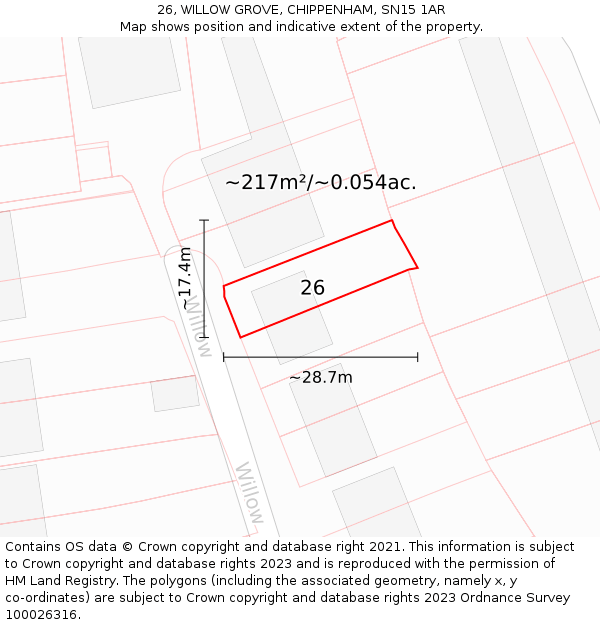 26, WILLOW GROVE, CHIPPENHAM, SN15 1AR: Plot and title map