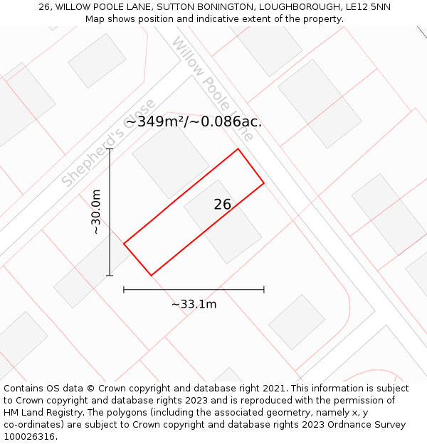 26, WILLOW POOLE LANE, SUTTON BONINGTON, LOUGHBOROUGH, LE12 5NN: Plot and title map